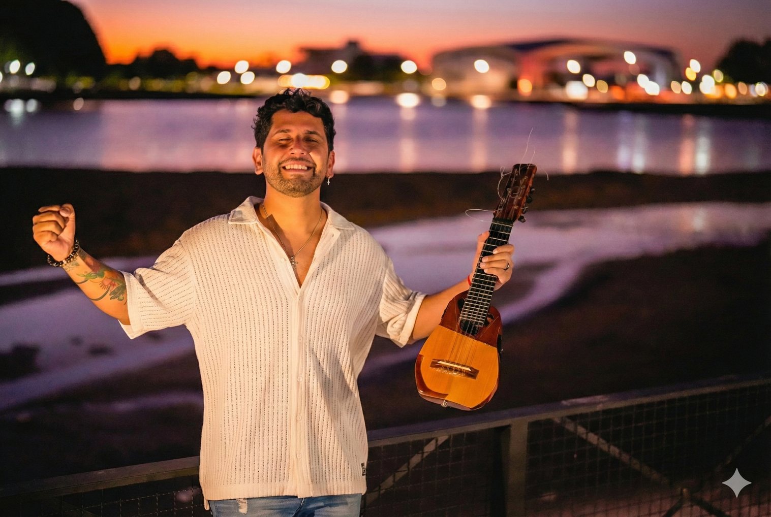 Ramón Álvarez con su charango frente a la costa al atardecer